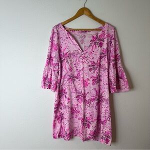Lilly Pulitzer Tosha Pima Cotton Dress Pink Print 3/4 Sleeve Knee Length Size L